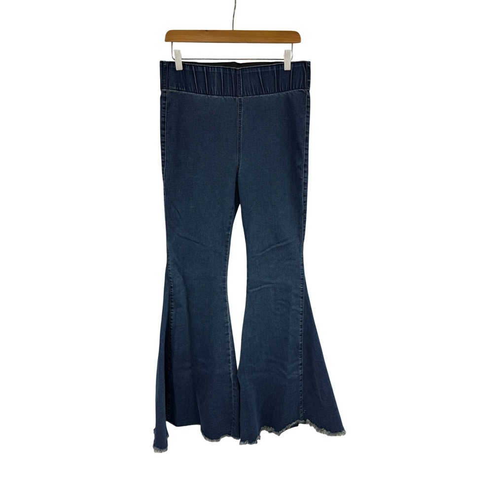 Three Bird Nest Womens Boho Dark Wash Raw Hem Pull On Flare Festival Jeans L